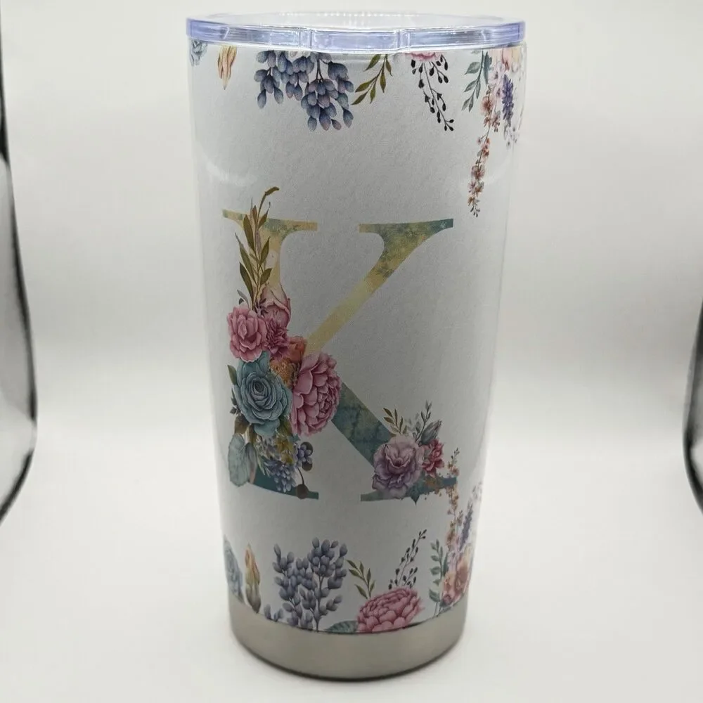 Floral Letter K 20oz Stainless Steel Insulated Tumbler Travel Cup w Lid
